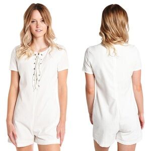 Staud X Solid & Striped Arabella lace-up cotton-seersucker playsuit romper XS